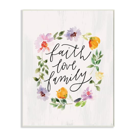 Stupell Industries Faith Love Family Quote Traditional Floral Wreath Wall Plaque
